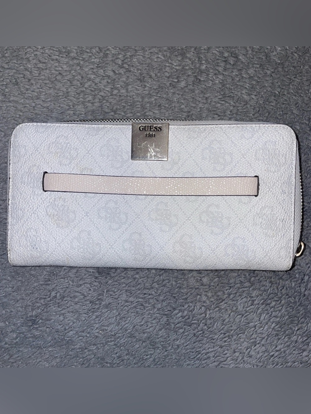 GUESS Light Gray Logo Zip-Around Wallet with Pale Pink Strap